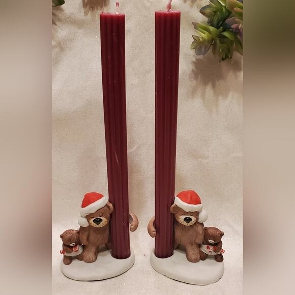 Vintage Christmas Teddy Bear Candle Stick Holder Set 2 Colonial Candle Cape Cod - Picture 1 of 5